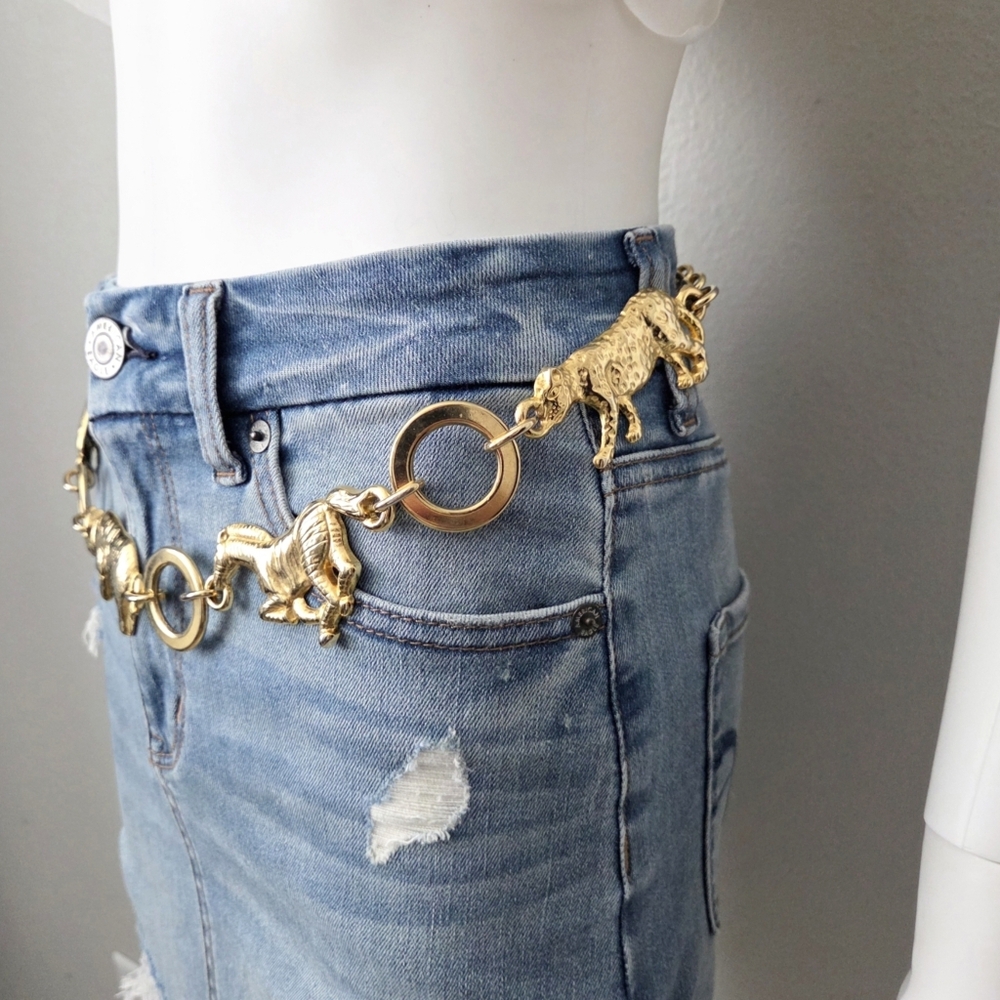 Vintage 80s Gold Tone Metal Animals / Elephant Zebra Rhino Cheetah / Chain Belt - Picture 3 of 10
